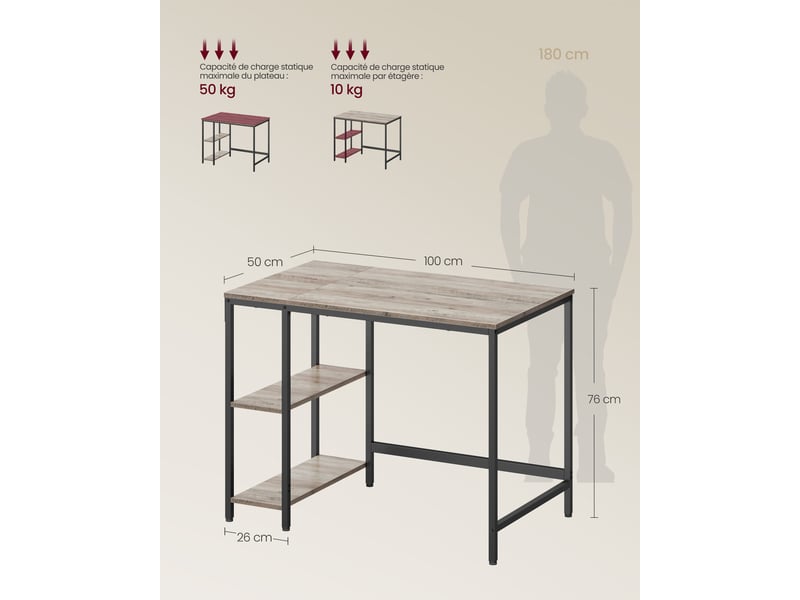 Bureau Informatique VASAGLE à Roulettes - Table D'Étude Industrielle Avec Support Écran Et Crochets, Marron Rustique