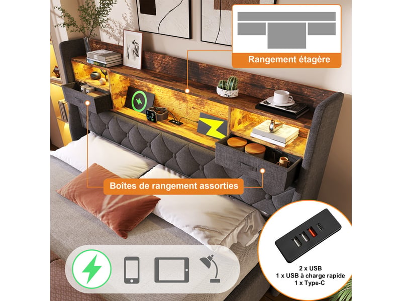 HOOBRO Lit Double 180x200 Cm Avec LED Et Charge – Cadre Métal Robuste, Rangement Sous Lit, Stations USB, Noir EBK024CDBF01