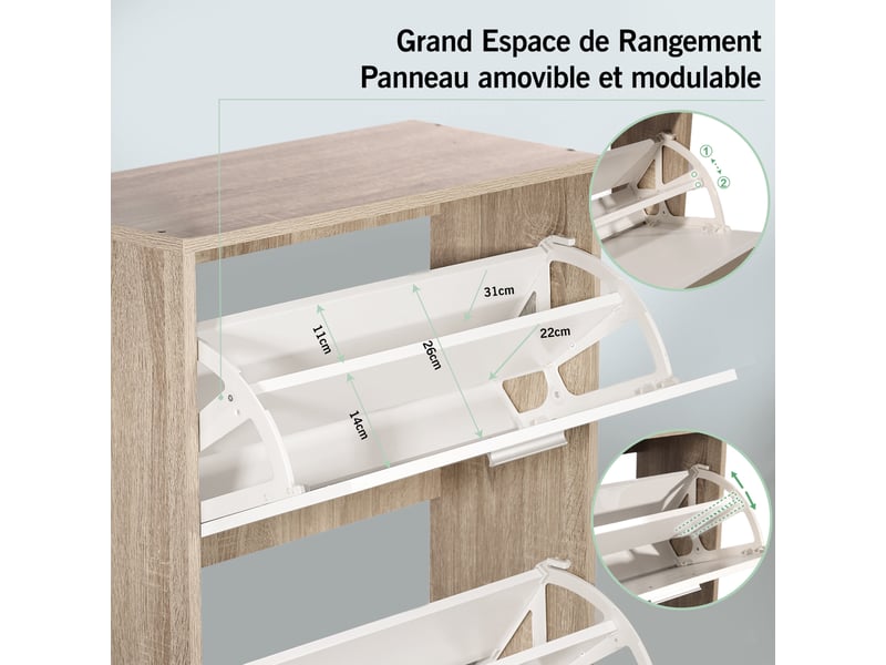 Meuble à Chaussures Bois Avec 3 Portes Rabattantes - 18 Paires, étagères Réglables - 60x24x113 Cm - Pour Entrée Ou Couloir étroit - 5