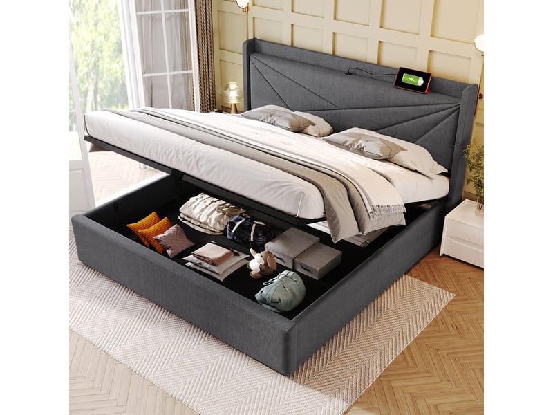 Lit Coffre 90x200 Cm Avec Tête De Lit LED Et USB - Rangement Hydraulique - Velours Beige - Cadre Métal Et Lattes - Sans Matelas