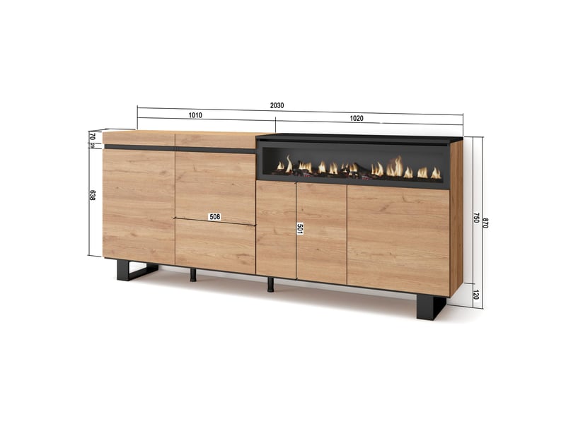 Buffet Salon Avec Cheminée électrique Skraut Home - 4 Portes - Style Moderne Chêne - 210cm