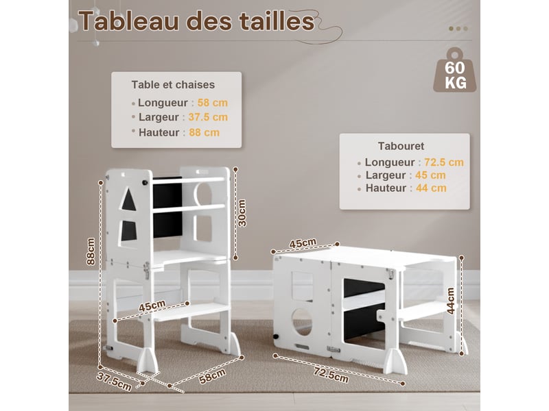 Tour D'Observation Montessori En Bois Avec Tableau Noir - Tour D'Apprentissage Enfant Réglable Et Sécurisée - Charge 60kg - À Partir De 1 An - Blanc