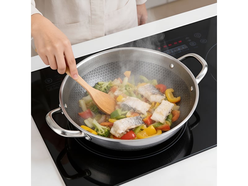 Wok En Acier Inoxydable Cabilock - Diamètre 53 Cm, Fond Nid D'abeille Antiadhésif - Pour Gaz Et Induction, Sans Couvercle