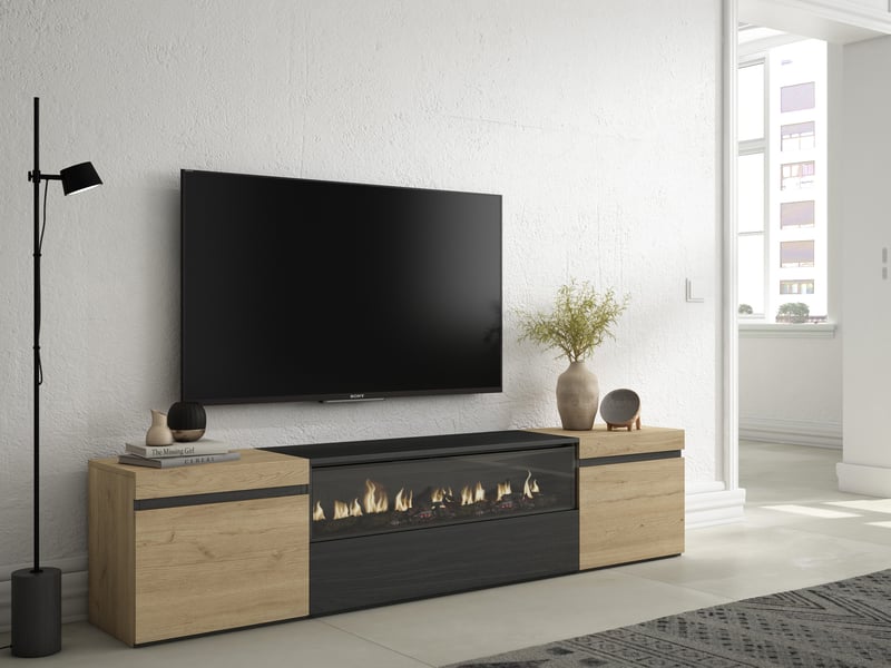 Meuble TV Design 160 Cm En Chêne Noir - Avec 2 Portes De Rangement Et Pieds Métalliques, Pour Salon