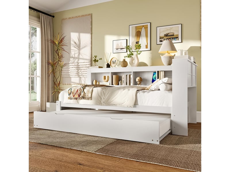 Canapé-lit 140x200 Cm Multifonction Avec Rangements, LED Et Prise USB, Blanc - Lit double Canapé-lit 140x200 Cm Multifonction Avec Rangements, LED Et Prise USB, Blanc - Lit double