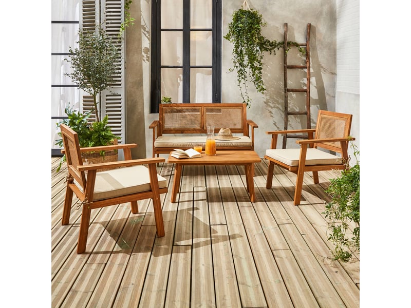 Salon De Jardin Bohémia Alice's Garden - Canapé 2 Places, 2 Fauteuils, Table Basse - Cannage, Acacia