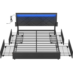 Lit Double 160x200 Cm Avec Effet Flottant Et éclairage LED - Cadre Avec Tête Réglable, Rangement Intégré, Ports USB/Type-C, Simili Cuir Noir