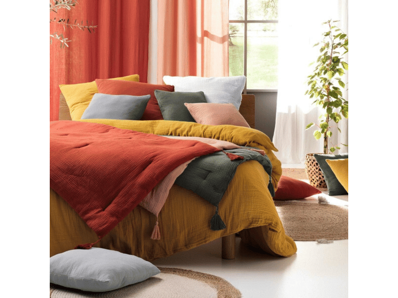 Parure De Lit Gaze De Coton 220x240 Cm Sable – Housse + 2 Taies 63x63 Cm Douce Et Respirante