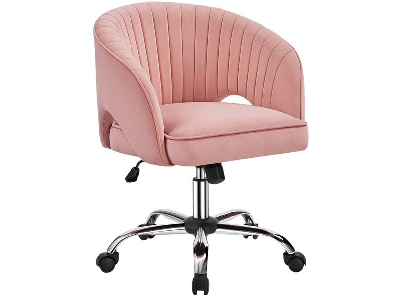 Fauteuil Bureau Velours Rose Avec Dossier Arrondi - Assise Réglable En Hauteur, Roulettes, Charge Max 136 Kg