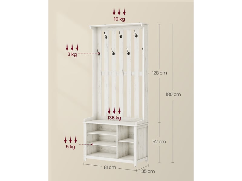 SUONTY Porte-Manteau Avec Banc - Meuble Entrée 5 Crochets Étagère Chaussures Charge 100kg Blanc