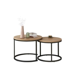 IDMarket Lot De 3 Tables Basses Gigognes Rondes Hawkins - Bois Foncé Effet Vieilli Et Métal Noir, Style Industriel Vintage