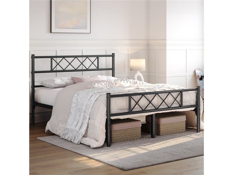 Yaheetech Cadre De Lit 140x200 Cm Métal Noir - Lit Adulte Avec Sommier à Lattes Et Rangement
