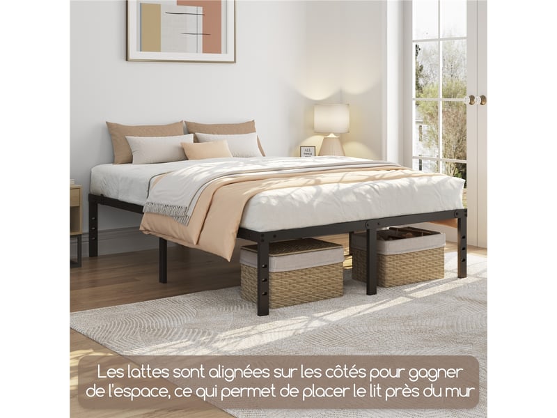 Yaheetech Lit Simple Double En Métal 140x200cm Noir - Assemblage Facile, Design Vintage Pour Petits Espaces Et Adultes