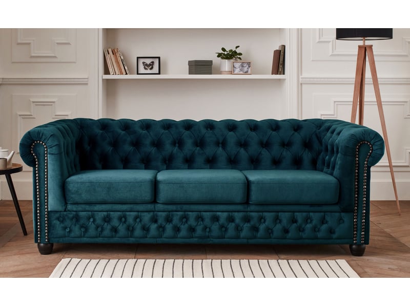 Canapé Chesterfield 3 Places Bleu Velours - Rembourrage Confortable, Boutons Tuftés, Traversins Inclus, Style Classique - 10