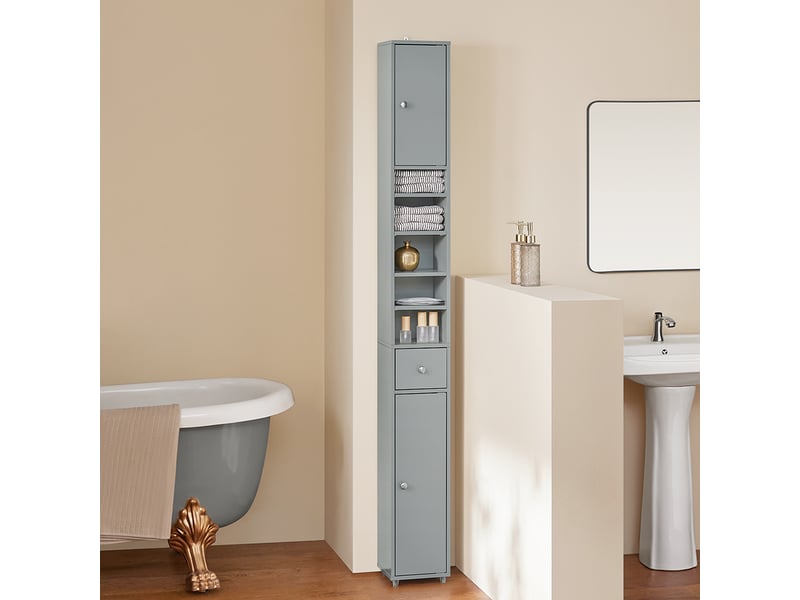 Meuble Colonne Salle De Bain étroit - 20x20x179,5 Cm, 2 Portes, étagères Réglables, Porte-rouleau - Noir, Gain De Place