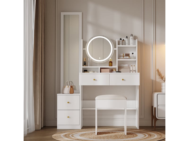 Coiffeuse De Maquillage Avec Miroir LED - Meuble Blanc Avec 4 Étagères Et 2 Tiroirs Pour Chambre