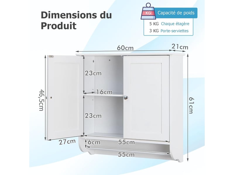 Armoire Salle De Bain étroite 179 Cm - 2 Portes, 3 étagères, Crochet Et Porte-rouleau - Marron