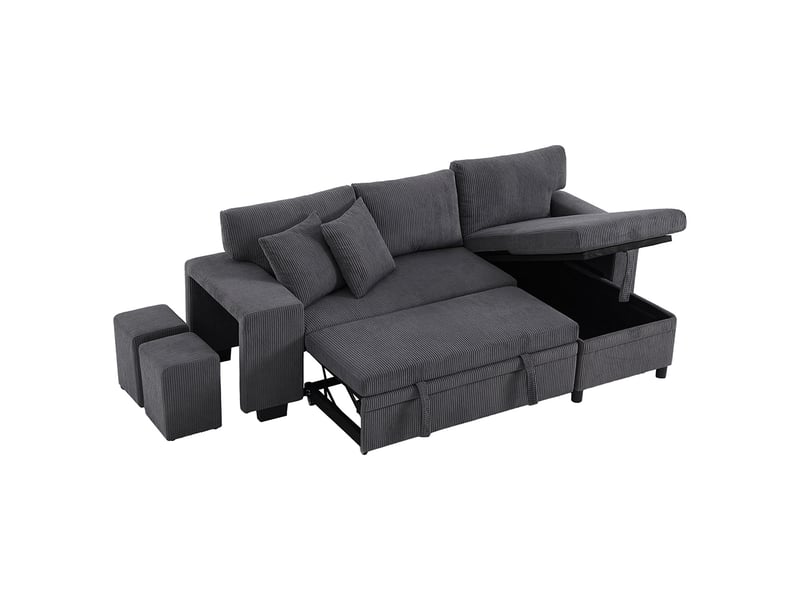 Canapé D'angle Convertible 4 Places Avec Rangement – Tissu Chenille, USB, Porte-gobelet, Convertible En Lit