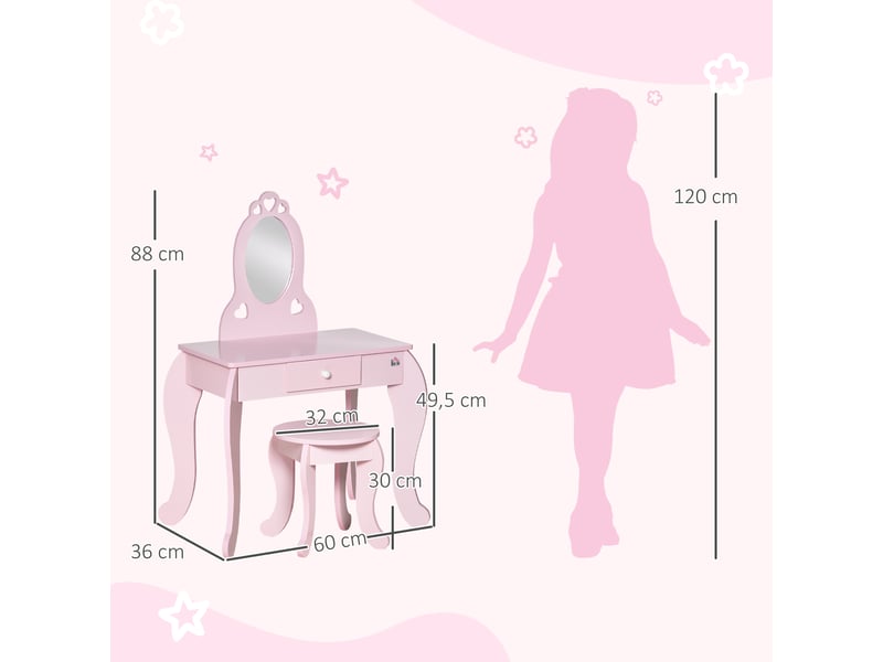 Coiffeuse Enfant HOMCOM Avec Tabouret - Lumières Et Sons | Rose, 49x23x69cm, 3 Ans+