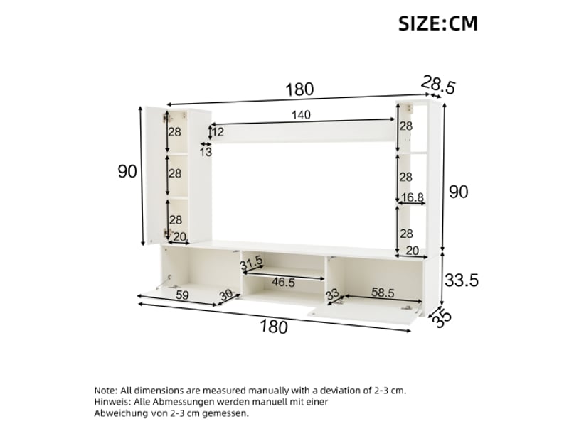 Meuble TV Mural 180 Cm Blanc Avec 2 Vitrines Et étagère - Set 4 éléments Modulables Pour Téléviseur Jusqu'à 80" - 4