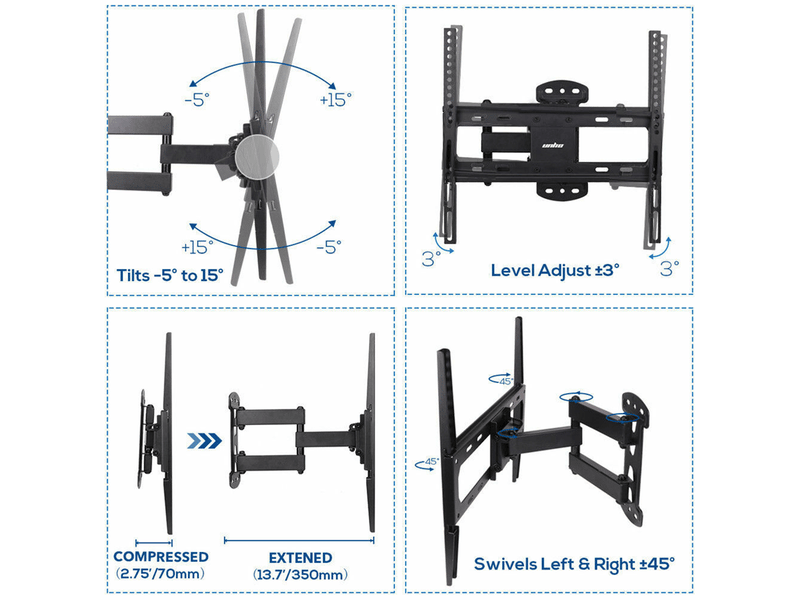 Support Mural TV Universel 23-55 Pouces - VESA 400x400 Mm, Charge 50 Kg, Niveau Inclus