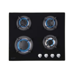 Plaque Cuisson Gaz 4 Feux BELDEKO - Verre Noir - Double Couronne Fonte - 7800W - Encastrable