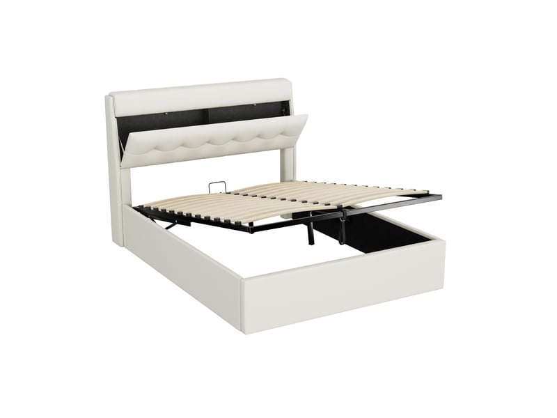 Lit Coffre Double 140x190 Avec LED Et Multiprise - Tête De Lit Capitonnée, Rangement Sous Sommier - Lin Gris Ou Blanc - 9