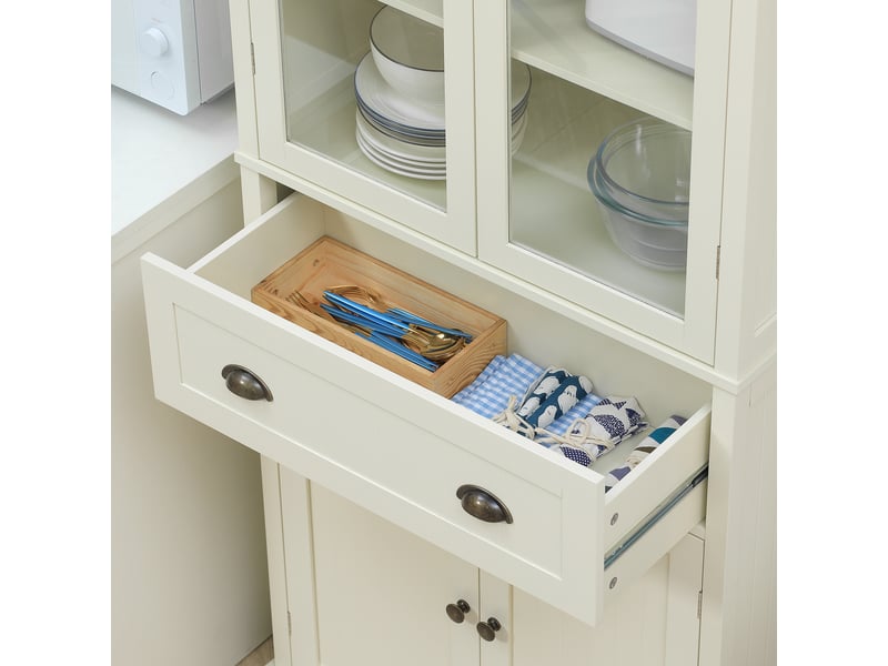Buffet Cuisine 4 Portes Vitrée - Armoire Rangement Vaisselier Blanc Chêne - Étagère Tiroir Plan Travail