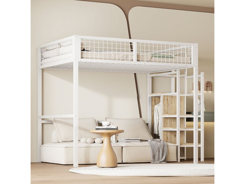 Lit Mezzanine Enfant 140x200 Cm Avec Bureau Et Rangement - Blanc, Pin Et MDF, Capacité 120 Kg