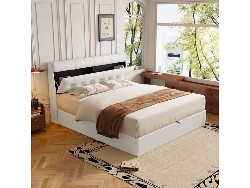 Lit Coffre Double 140x190 Avec LED Et Multiprise - Tête De Lit Capitonnée, Rangement Sous Sommier - Lin Gris Ou Blanc - 11