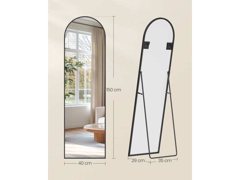 Miroir Psyché Sur Pied En.casa 160 Cm - Miroir Pleine Longueur Inclinable - Noir - Pour Chambre & Dressing
