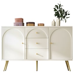 Buffet OOIILLEE 140x35x72 Cm Blanc Brillant Avec LED - Commode 3 Tiroirs, 2 Portes, étagères Réglables - Pour Salon, Chambre