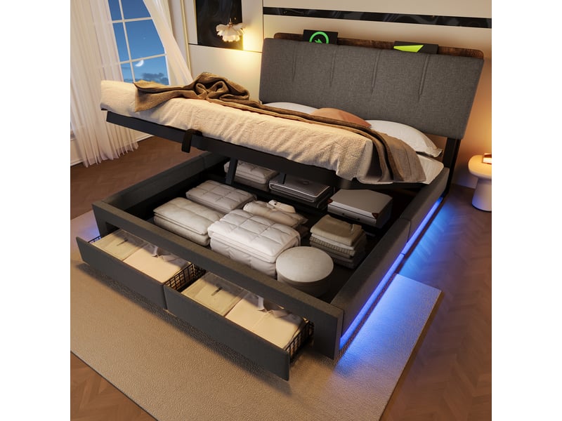 Lit 140x200 avec Sommier LED et USB C, Lit Double 140x200 avec 4 Tiroirs et Tete