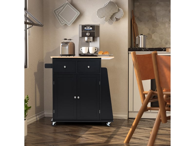 Chariot De Service HOMCOM Bois Massif Avec Roues - Desserte Cuisine 74x37x76 Cm Noir