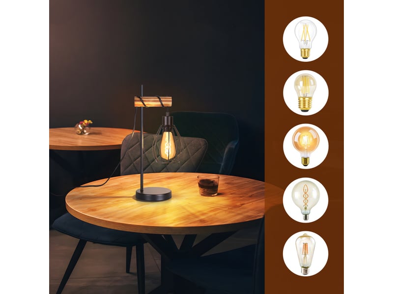Lampe De Table Industrielle Vintage Métal Cage Bois - Lampe Chevet E27 60W Avec Interrupteur