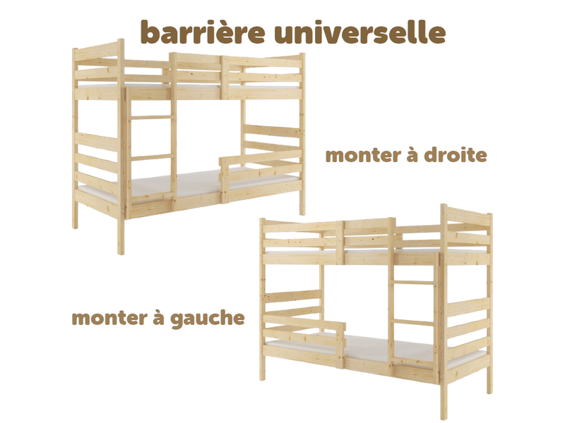 Lit Superposé Bois Pin 190x90cm - 2 Lits Séparables - Barrières Sécurité Incluses