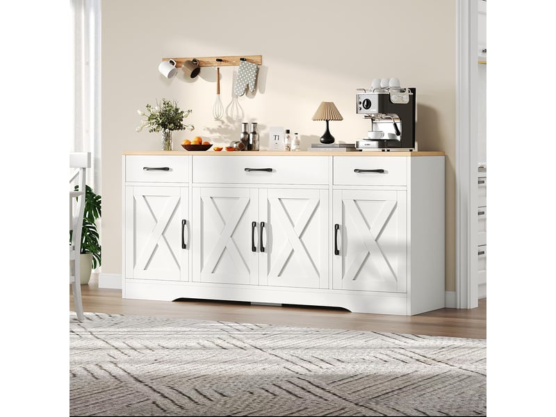 Buffet moderne 140x35x95cm - avec 4 portes et 3 tiroirs - Blanc Naturel | Leroy Merlin