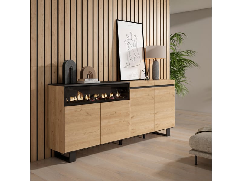 Skraut Buffet Salon 150cm Avec Cheminée Électrique LED - Meuble Rangement Style Industriel Chêne/Noir