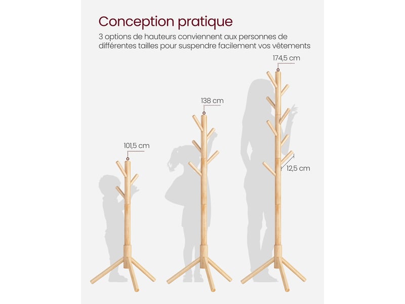 Portemanteau De Sol En Bois Massif Kasunpul - 3 Hauteurs Réglables, 8 Crochets, Marron Pour Entrée Et Chambre