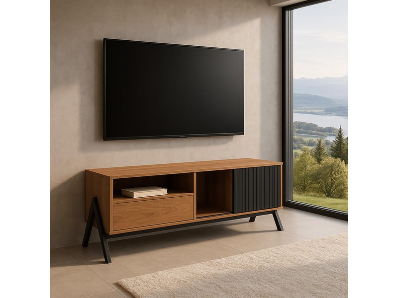 Meuble TV Bas O40 Naturel – Design Moderne Avec Portes Coulissantes Et Rangement Pratique