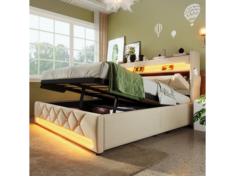 Lit Capitonné 180x200 Avec Tiroirs Et éclairage LED – Rangement Intégré, USB, Sans Matelas – Beige