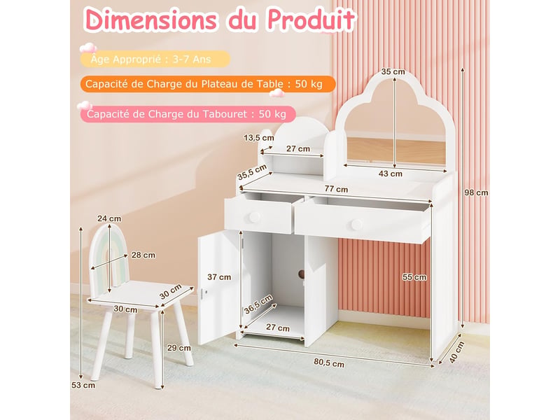 Bureau Coiffeuse Enfant 2 En 1 Nuage - Avec Chaise, Miroir Acrylique Et Rangement - COSTWAY