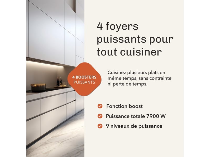 Plaque Induction BELDEKO 4 Zones - 7900W, Minuterie, Boosters Et Verrou Enfants - Cuisson Rapide Et Sécurisée