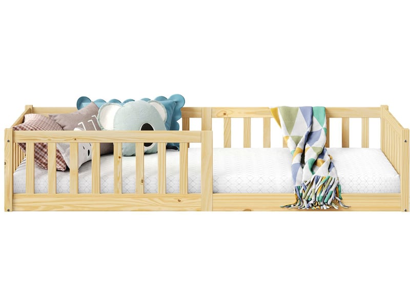 Lit Enfant Gustavo Au Sol 90x200cm - Style Montessori Avec Barrières | Pin Massif Blanc