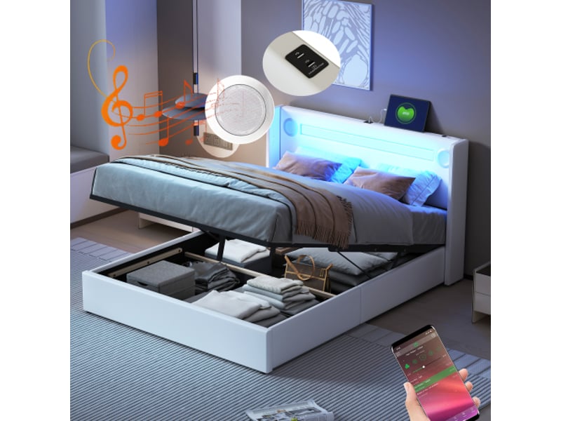 Lit coffre 90x200cm, lit 1 place avec led, tête de lit réglable et Lit coffre 90x200cm, lit 1 place avec led, tête de lit réglable et