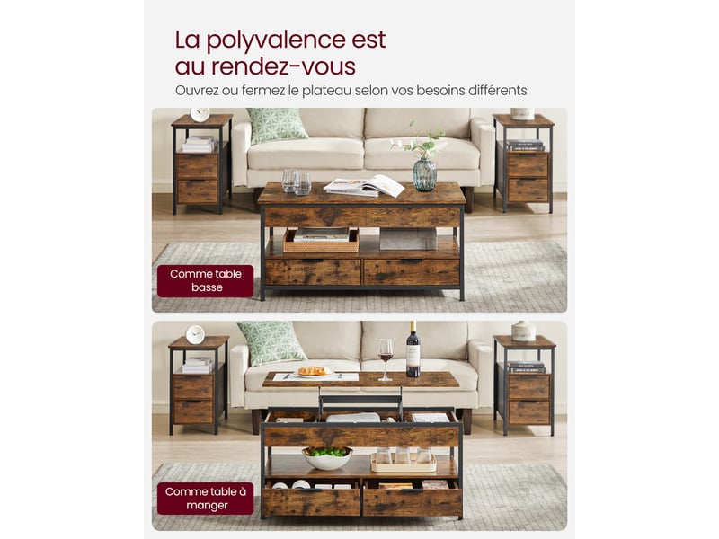 Table Basse Rectangulaire Réglable En Hauteur - Rangement Ouvert Et Caché - Vintage Marron/noir - 100x50x48-62 Cm - 9