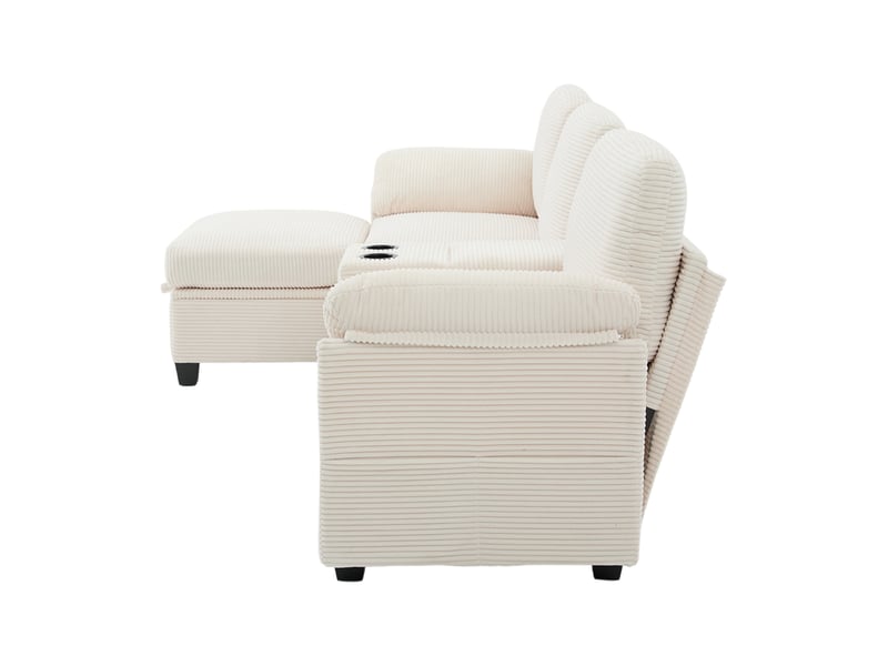 Canapé D'angle 4 Places Avec Méridienne Fixe Et Rangement - Tissu Chenille Beige - Ports USB Et Porte-gobelets - 206.5x141x86 Cm