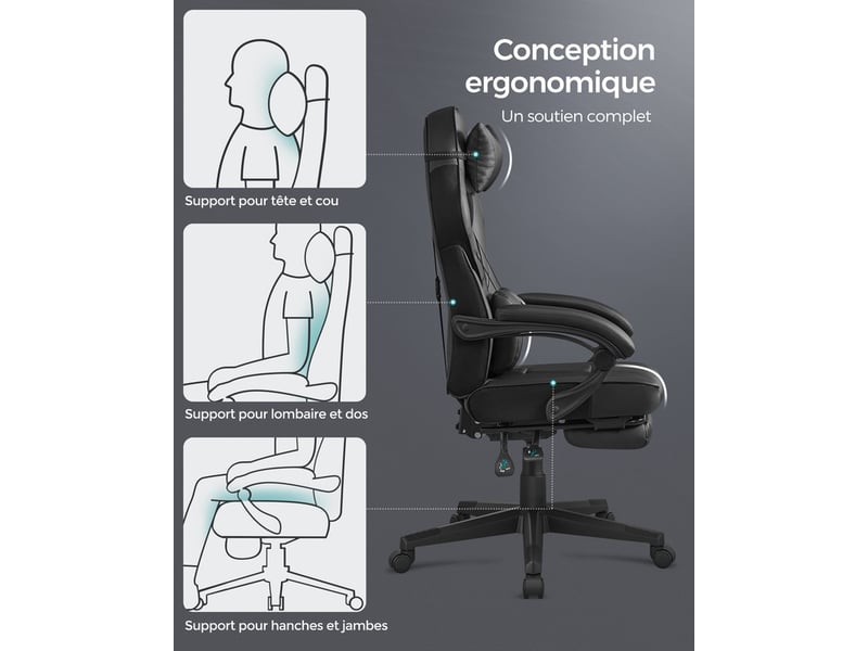 Fauteuil De Bureau Gaming - Inclinable 135° - Repose-Pieds Télescopique - Appui-Tête Et Lombaire - 150 Kg Max