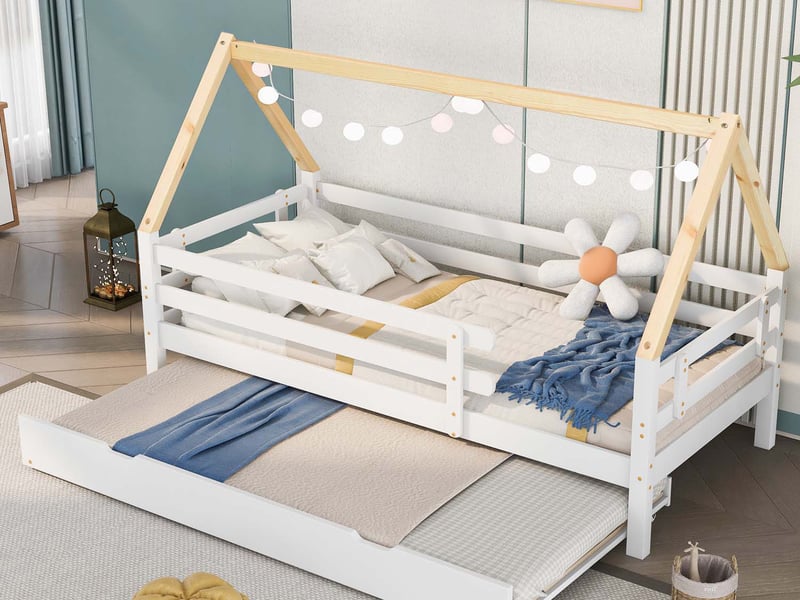 Lit Cabane Enfant 90x200 Cm Avec Lit Gigogne – Baldaquin, Barrières Sécurité, Charge 150 Kg