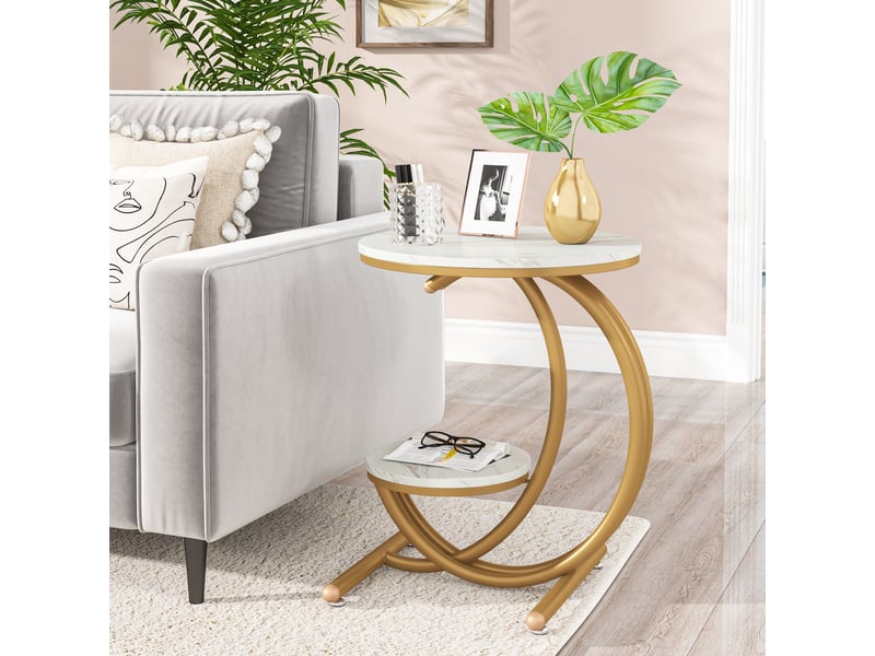Huhote Table D'Appoint En C Blanche/Dorée – Table Basse Sous Canapé Ou Lit – Petite Table Chevet Métal Bois Pour Salon Chambre